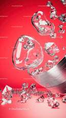 Glass Ice Cubes Shattering in Dynamic Motion Against Red Background