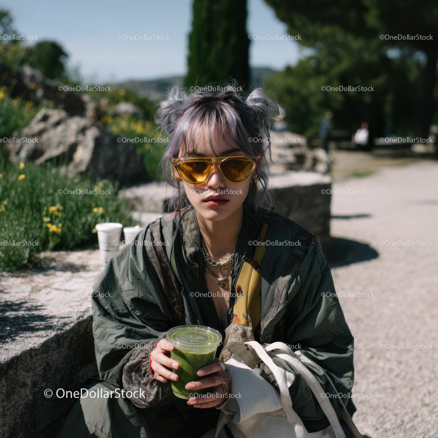Stylish Young Woman in Green Jacket and Yellow Top Sitting Outdoors