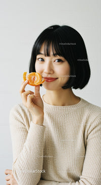 Woman with Tangerine Slice Showing Bright Cheerful Mood