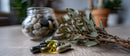 Eucalyptus and Herb Sprig with Assorted Herbal Supplements on Wooden Surface