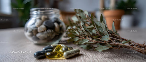 Eucalyptus and Herb Sprig with Assorted Herbal Supplements on Wooden Surface