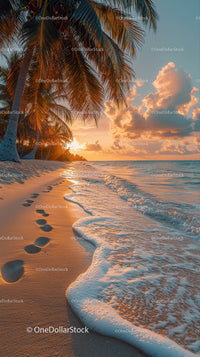 Tropical Beach Sunset Scene with Palm Trees and Ocean Waves