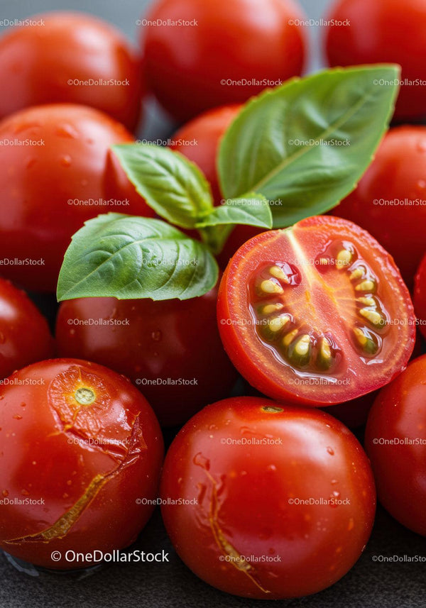 Fresh ripe tomatoes with basil leaves closeup