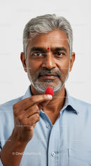 Senior Indian Man with Gray Hair and Beard Holding Raspberry in Hand