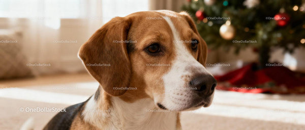 Spokojny Beagle Relaksujący się Przy Świątecznej Choince