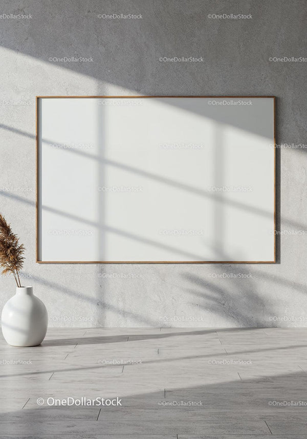Minimalist blank frame on concrete wall with sunlight shadows JPG Mockup Image