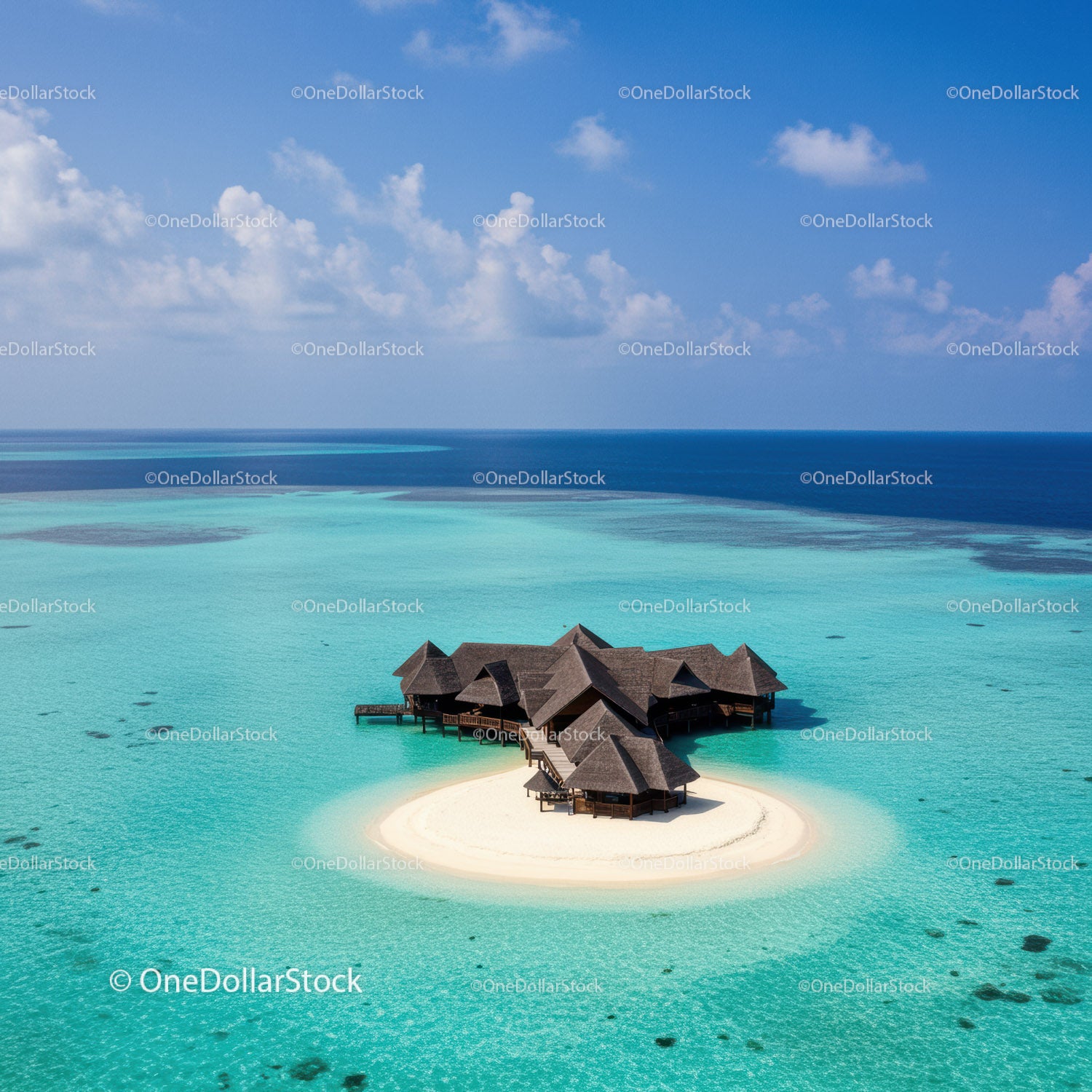 Overwater Bungalows on a Turquoise Tropical Island with Sandy Beach