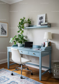 Modern Blue Study Desk Home Office with Potted Monster Plant and Desk Accessories