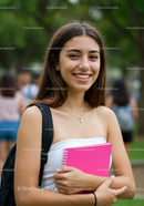 Young Woman Smiling Outdoors Holding Pink Notebook in Park
