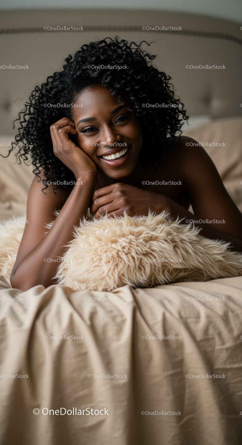Smiling woman relaxing on cozy bed with fluffy pillow