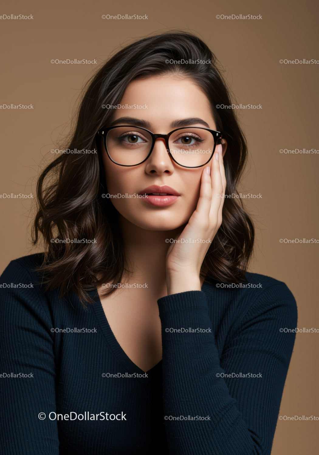 Stylish Young Woman Wearing Glasses Portrait in Studio