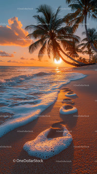 Scenic Tropical Beach Sunset with Palm Trees and Ocean Waves