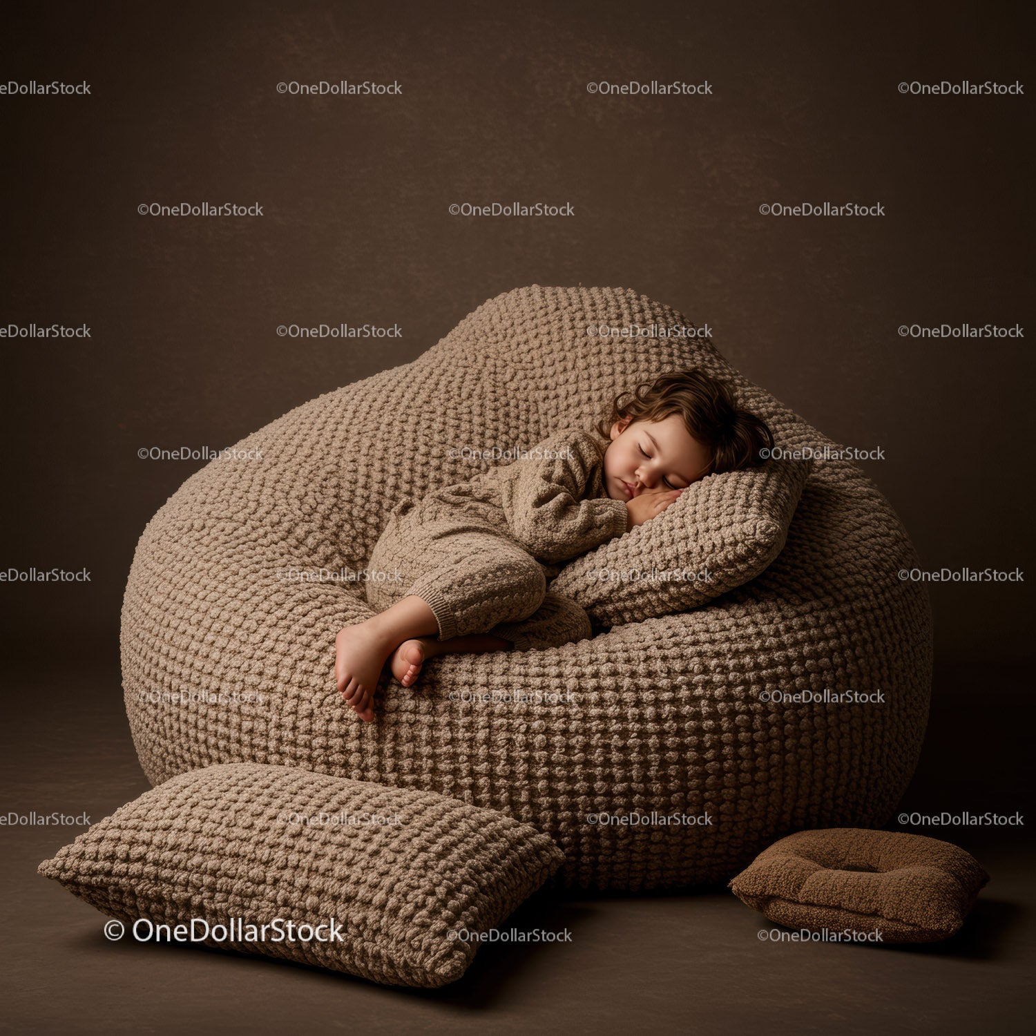Peaceful toddler sleeping on beige textured beanbag