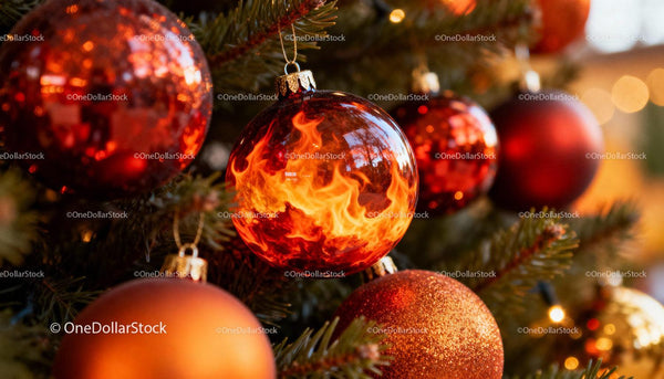 Red Christmas Ornaments with Fire Pattern on Tree