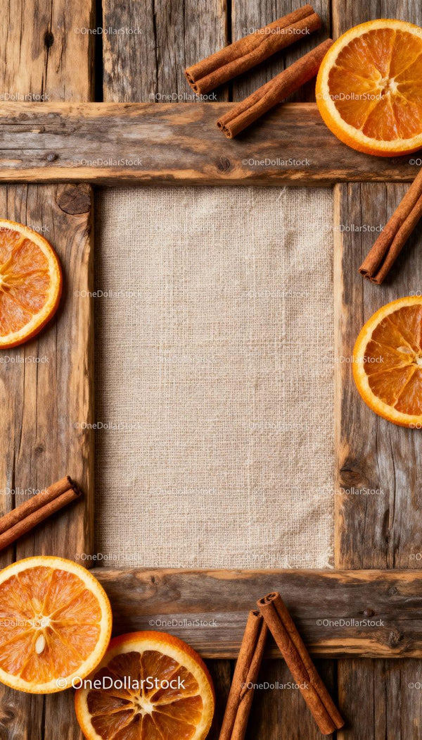 Rustic wooden frame with dried orange slices and cinnamon sticks