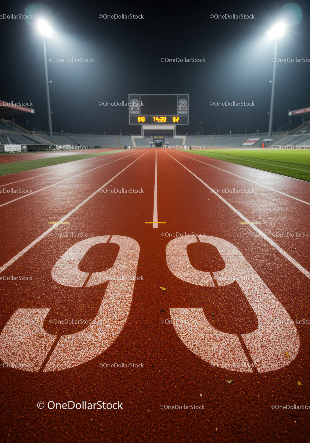Pusta bieżnia nocna z linią startu i oświetleniem stadionu