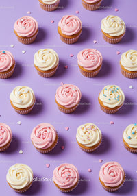 Pattern of Vanilla and Strawberry Frosted Cupcakes on Purple