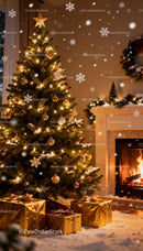 Cozy Christmas Tree with Golden Gifts by Fireplace