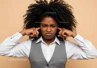 Frustrated Woman Covering Ears with Annoyed Expression