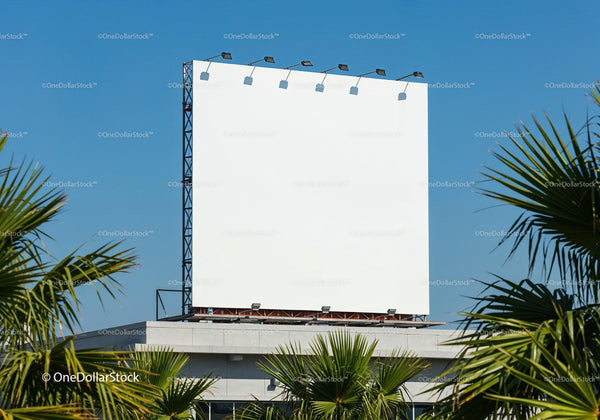 Blank outdoor billboard with palm trees under blue sky JPG Mockup Image
