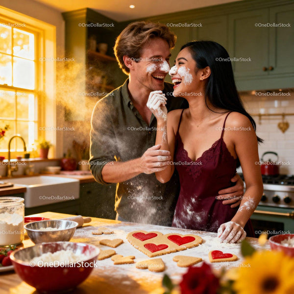 Couple Laughing and Baking Heart Cookies in Cozy Kitchen