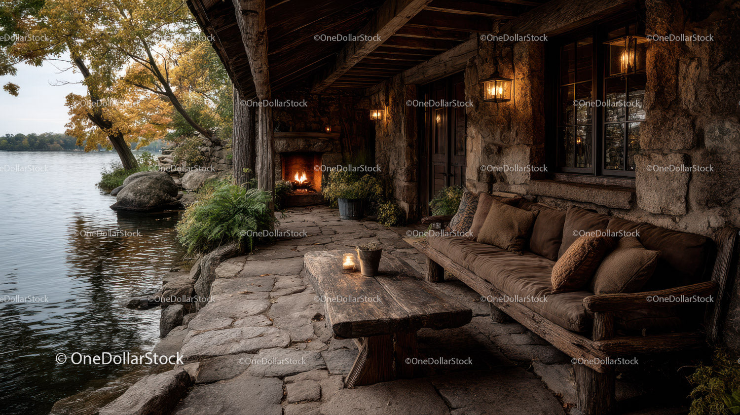 Rustic Lakeside Porch with Fireplace and Cozy Outdoor Seating