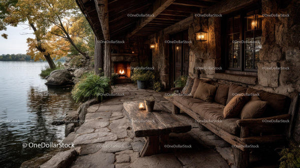 Rustic Lakeside Porch with Fireplace and Cozy Outdoor Seating