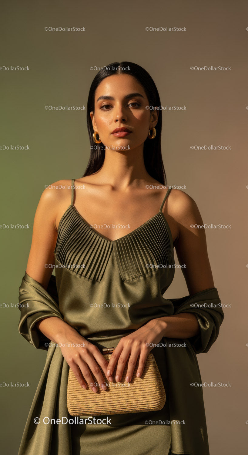 Elegancka kobieta w stylowej złotej sukience z dodatkami i kopertówką