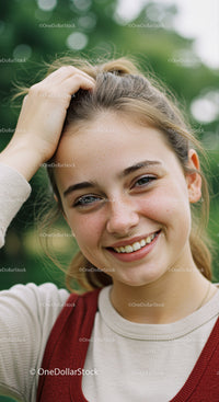 Smiling Young Woman with Freckles Outdoors with Natural Light