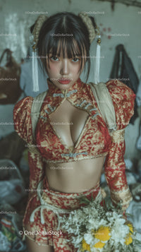 Young Asian Woman in Traditional Cheongsam with floral Background