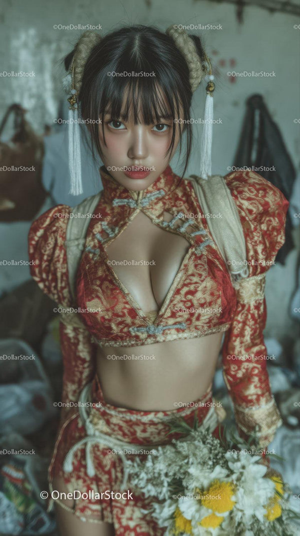 Młoda Azjatka w Tradycyjnym Cheongsam na Kwiatowym Tle