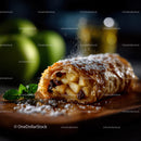 Apple Strudel with Raisins and Powdered Sugar on Wooden Surface