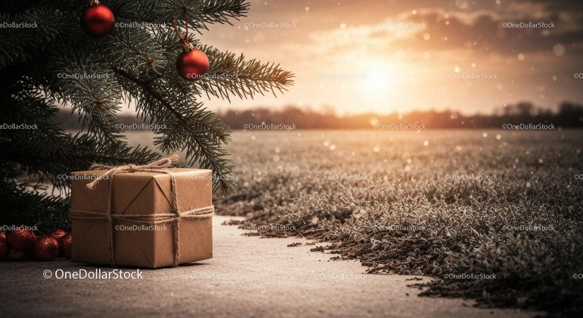 Rustic Christmas gift under decorated pine tree at sunset