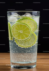 Refreshing sparkling water with lime slices and ice cubes