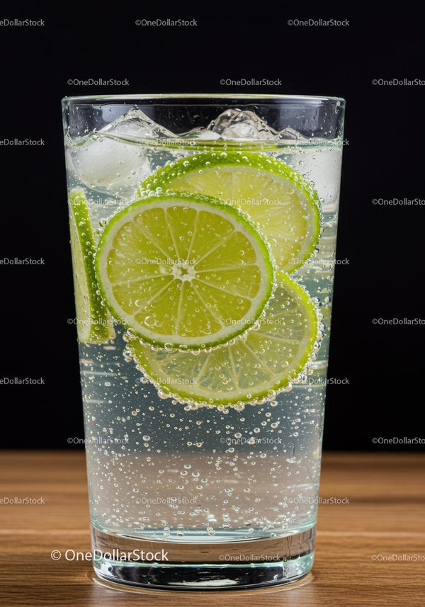 Refreshing sparkling water with lime slices and ice cubes