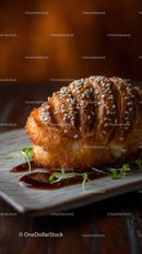 Golden Fried Cheese Croquette with Sesame Seeds on Wooden Plate