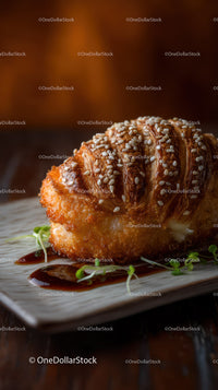Golden Fried Cheese Croquette with Sesame Seeds on Wooden Plate