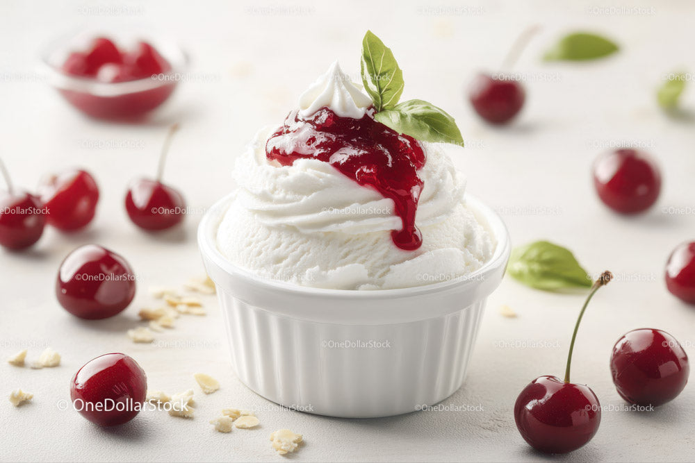 Creamy Vanilla Ice Cream with Cherry Topping and Fresh Cherries