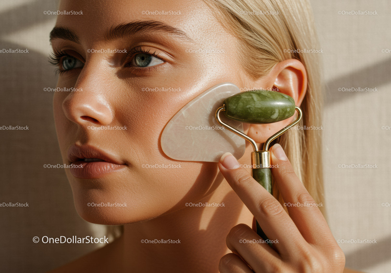 Close-up of a Woman Using a Jade Roller for Facial Spa Treatment