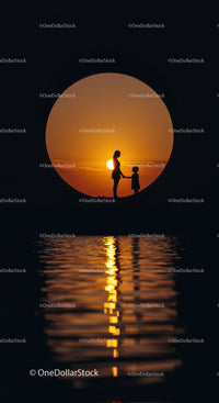 Silhouette of mother and child at sunset by water