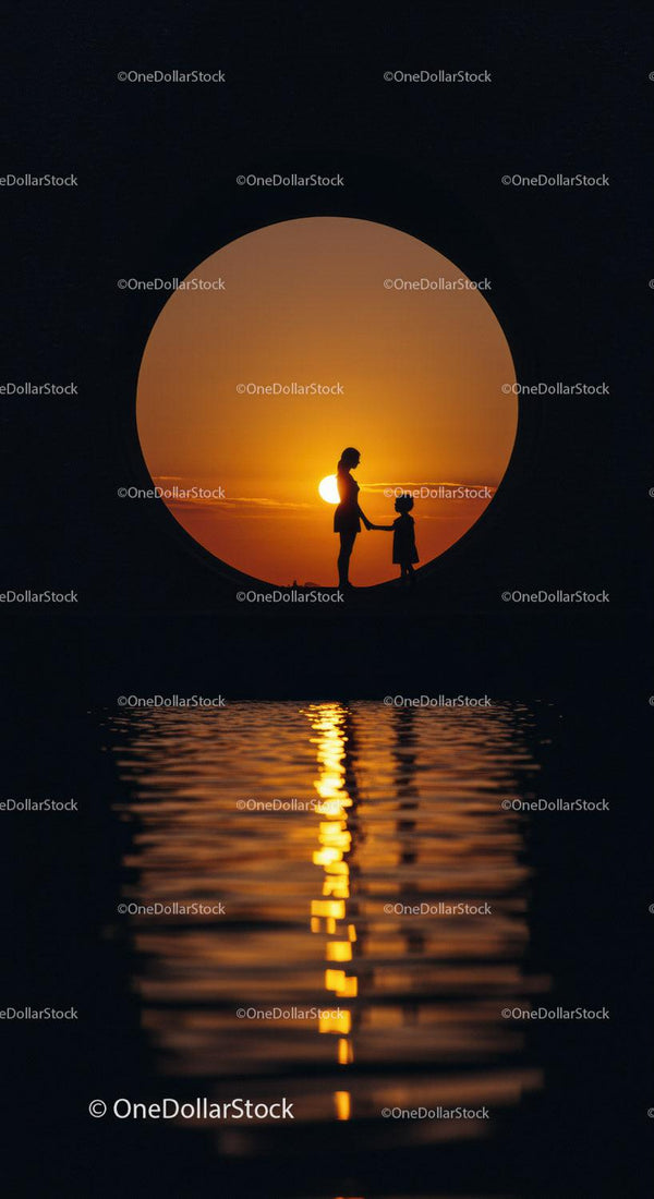 Silhouette of mother and child at sunset by water
