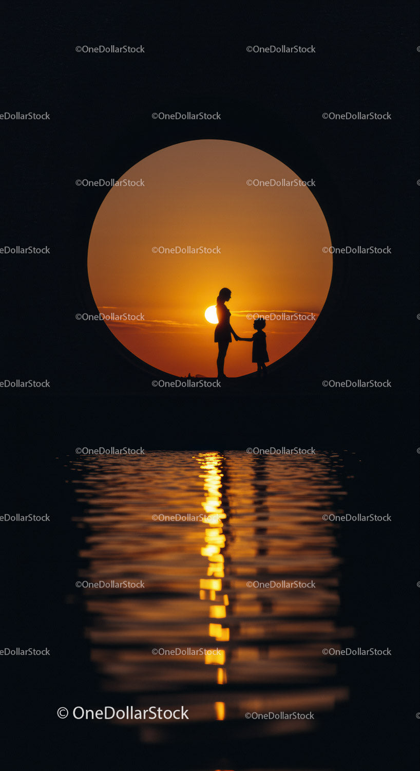 Silhouette of mother and child at sunset by water