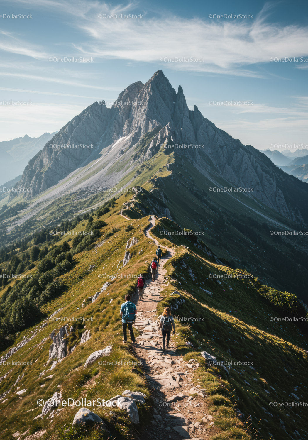Scenic Mountain Trail with Hikers in Green Alpine Landscape