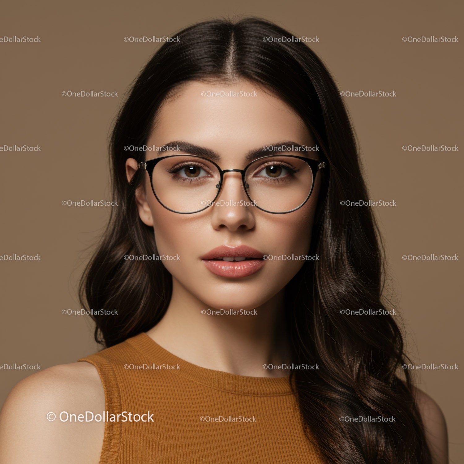 Portret młodej kobiety w okularach i brązowych włosach w modnym stroju