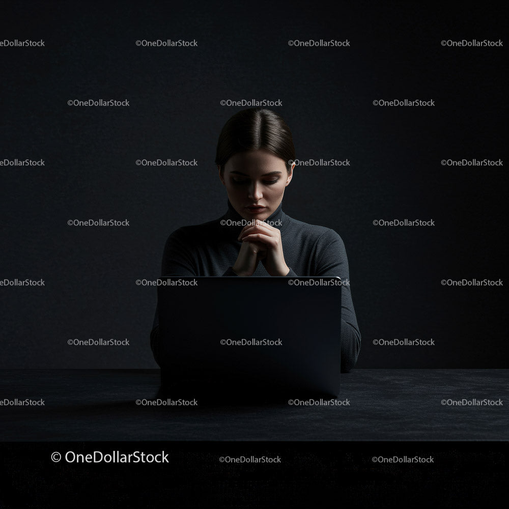 Zamyślona kobieta przy laptopie w ciemnym, nowoczesnym miejscu pracy (12 zdjęć)