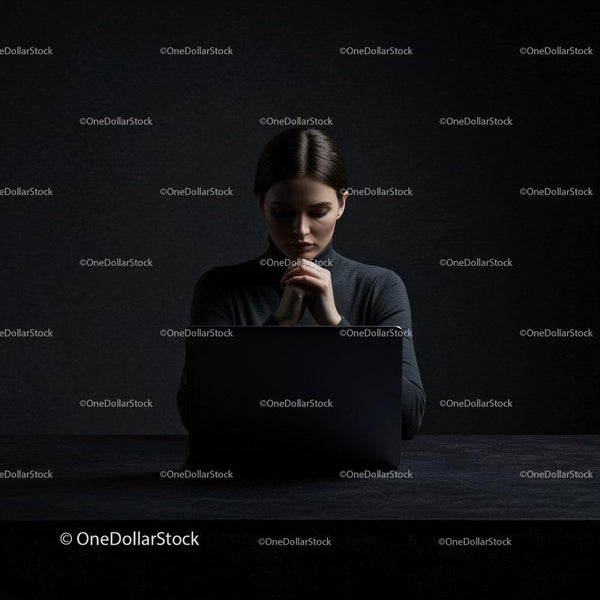 Zamysłowa kobieta przy laptopie w ciemnym nowoczesnym biurze (12 zdjęć)