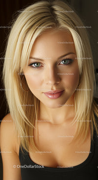 Close-up of a confident blonde woman with blue eyes