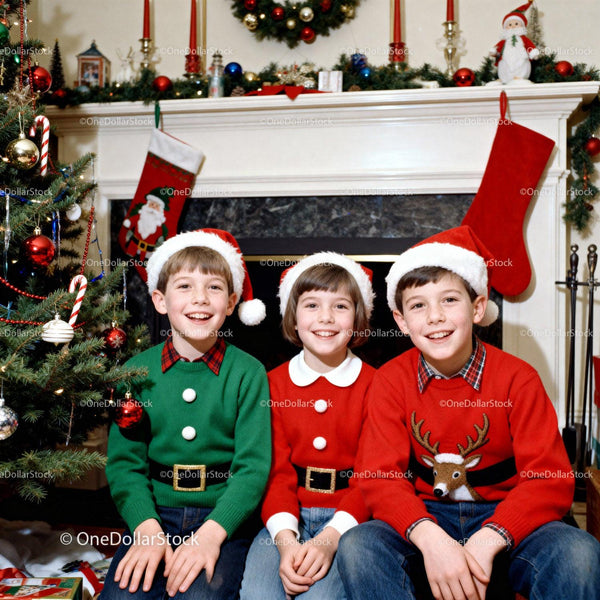 Smiling children in holiday sweaters by Christmas fireplace