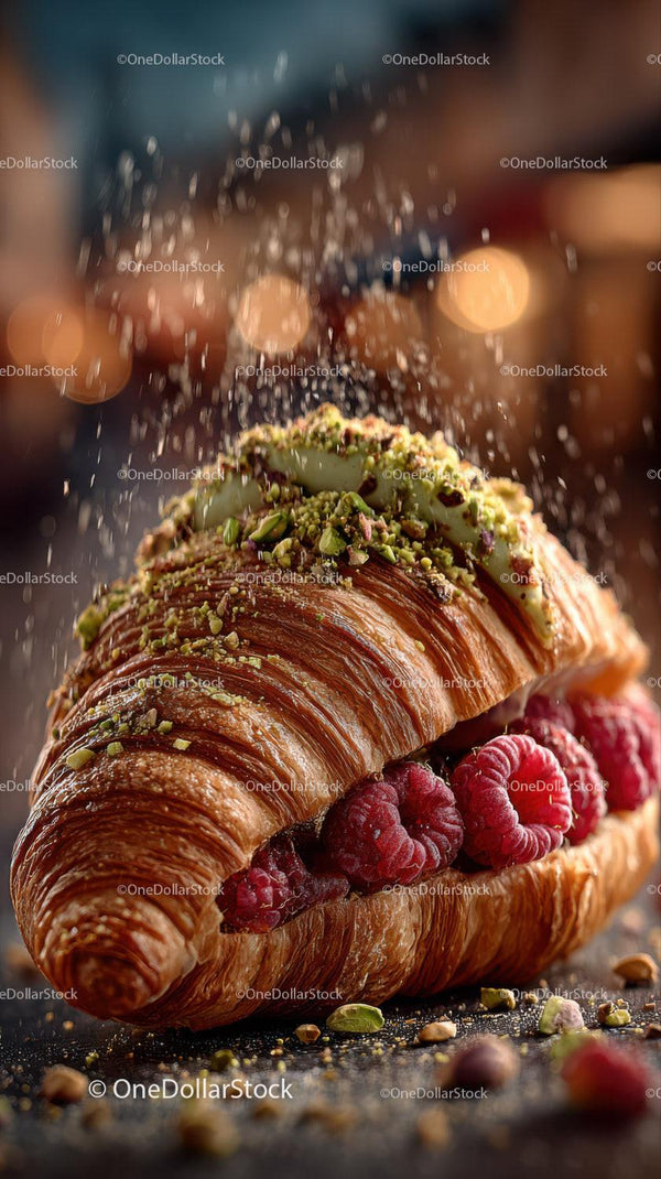 Świeży rogalik nadziewany malinami i pistacjami w zbliżeniu