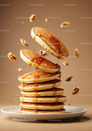 Stack of fluffy pancakes with honey and walnuts